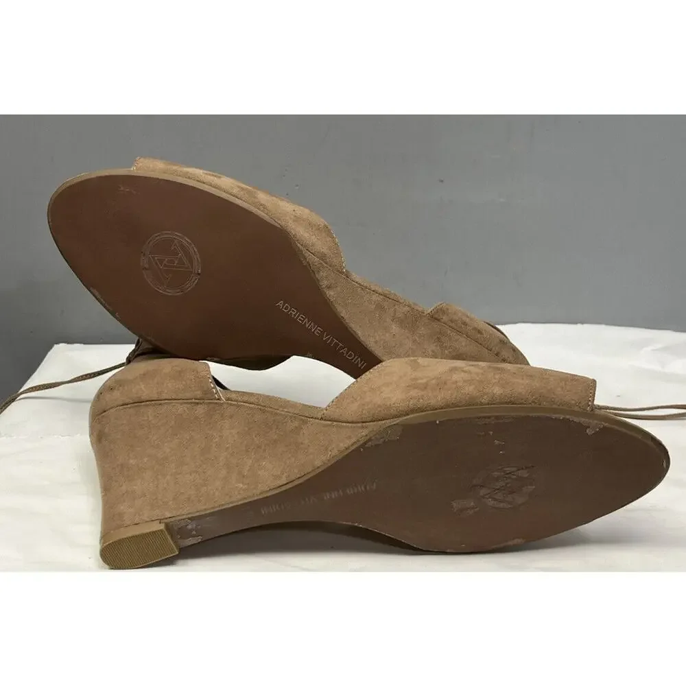 Adrienne Vittadini Ankle-Wrap Wedge Sandal-Marcey‎ Brown Suede Womens size 11